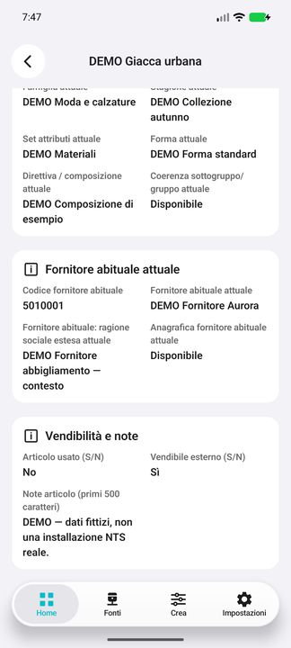 Ultima continuazione articolo: fornitore abituale, stati S/N e note complete; nessuna controparte documento dedotta. — Cifru nativo, DEMO inventata; galleria rappresentativa. Non un test ERP reale.