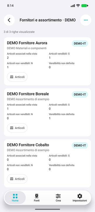 Fornitori abituali: card completi, conteggi vendibilità e anche assortimenti senza articoli. — Cifru nativo, DEMO inventata; galleria rappresentativa. Non un test ERP reale.