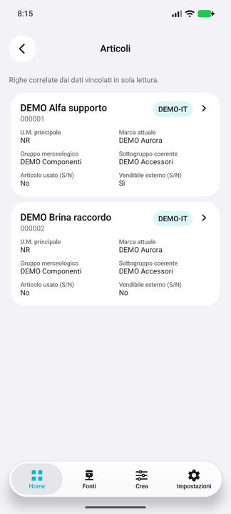 Articoli realmente aperti dal fornitore selezionato: unità, marca, gruppo, sottogruppo e vendibilità. — Cifru nativo, DEMO inventata; galleria rappresentativa. Non un test ERP reale.