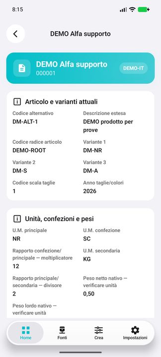 Dossier articolo attuale: descrizione estesa, varianti, scala taglie e anno; unità e confezioni proseguono sotto. — Cifru nativo, DEMO inventata; galleria rappresentativa. Non un test ERP reale.
