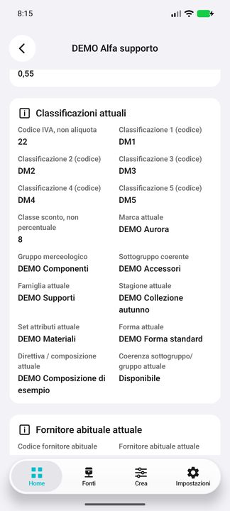 Classificazioni complete attuali: cinque livelli, marca, gruppo, sottogruppo, famiglia, stagione e attributi. — Cifru nativo, DEMO inventata; galleria rappresentativa. Non un test ERP reale.