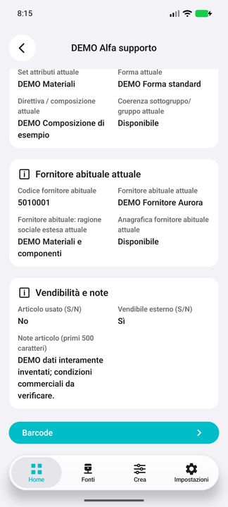 Dossier articolo: fornitore abituale, vendibilità, note complete e sotto-pulsante Barcode realmente disponibile. — Cifru nativo, DEMO inventata; galleria rappresentativa. Non un test ERP reale.