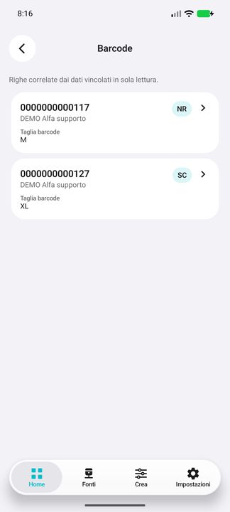 Barcode realmente aperti dall’articolo: codici testuali con zeri iniziali, unità e taglie originali. — Cifru nativo, DEMO inventata; galleria rappresentativa. Non un test ERP reale.
