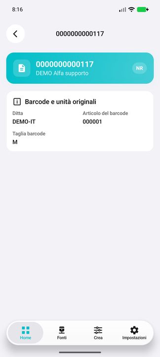 Dettagli barcode: articolo, ditta, unità e taglia della fonte, con contesto DEMO visibile. — Cifru nativo, DEMO inventata; galleria rappresentativa. Non un test ERP reale.