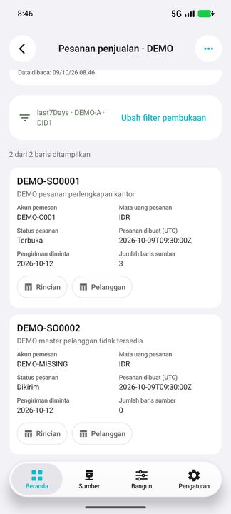 Kartu pesanan lengkap: akun, mata uang, status, waktu UTC, pengiriman, jumlah baris dan dua tombol terkait. — Cifru native, DEMO fiktif; galeri perwakilan, bukan uji ERP nyata.