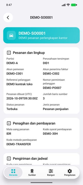 Detail pesanan: identitas, jenis, status dan akun pelanggan. — Cifru native, DEMO fiktif; galeri perwakilan, bukan uji ERP nyata.