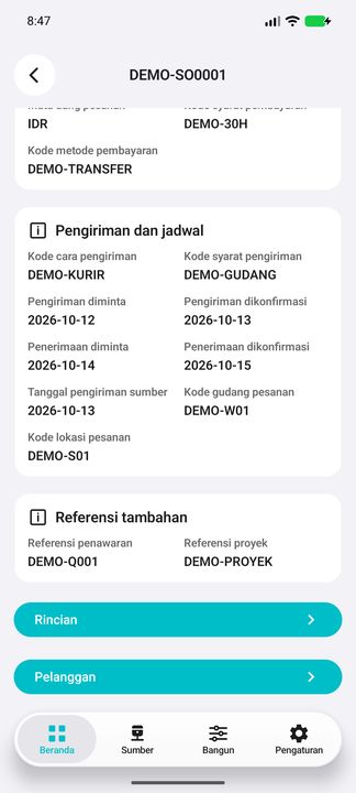 Lanjutan detail pesanan: referensi sumber dan tombol Rincian serta Pelanggan. — Cifru native, DEMO fiktif; galeri perwakilan, bukan uji ERP nyata.