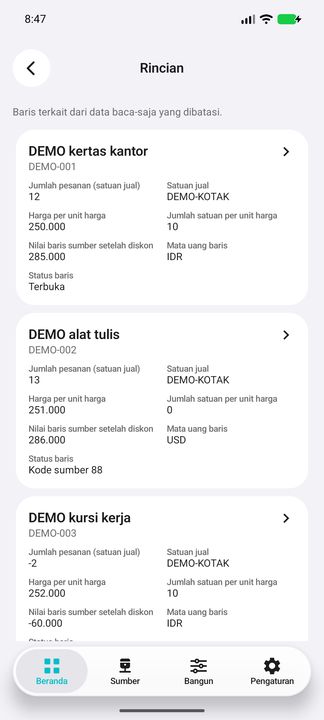 Tombol Rincian membuka baris pesanan yang sama, bukan daftar terpisah tanpa konteks. — Cifru native, DEMO fiktif; galeri perwakilan, bukan uji ERP nyata.