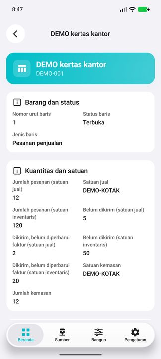 Detail baris: produk, kuantitas, satuan, harga per satuan harga dan nilai sumber. — Cifru native, DEMO fiktif; galeri perwakilan, bukan uji ERP nyata.