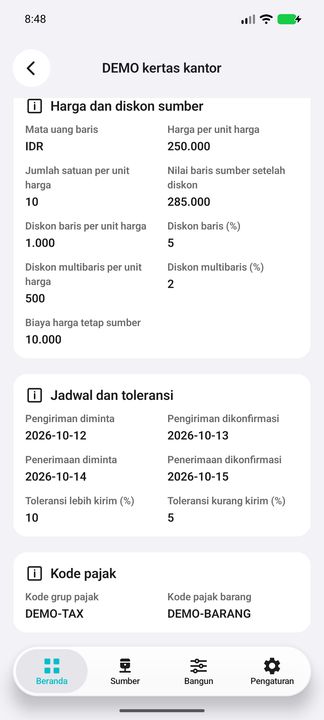Lanjutan detail baris: tanggal pengiriman dan penerimaan diminta serta dikonfirmasi, dimensi dan kategori sumber. — Cifru native, DEMO fiktif; galeri perwakilan, bukan uji ERP nyata.