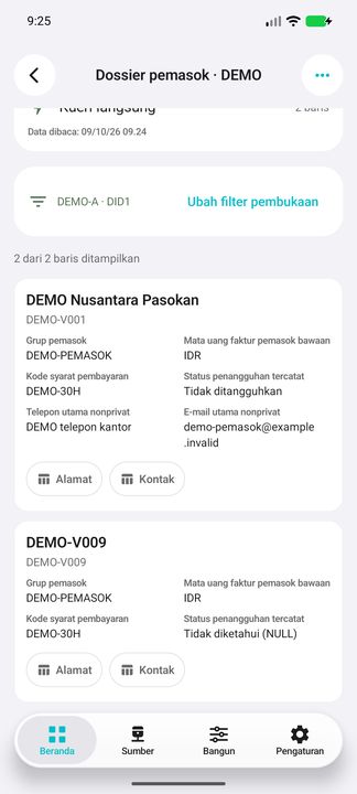 Kartu pemasok lengkap: grup, mata uang bawaan, syarat pembayaran, penangguhan, telepon, e-mail dan dua tombol terkait. — Cifru native, DEMO fiktif; galeri perwakilan, bukan uji ERP nyata.