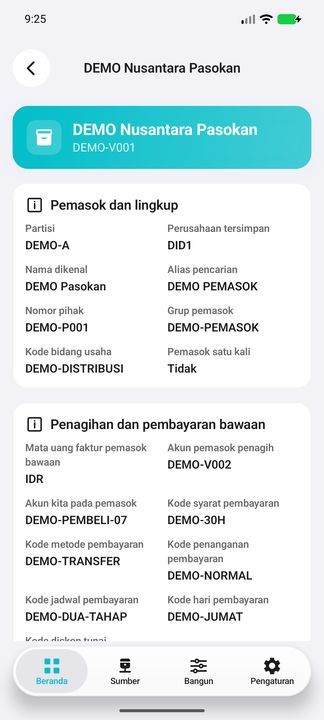 Detail pemasok: lingkup partisi dan perusahaan, identitas bisnis serta penagihan bawaan. — Cifru native, DEMO fiktif; galeri perwakilan, bukan uji ERP nyata.