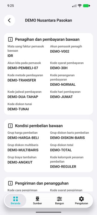 Lanjutan detail: kode pembayaran dan kondisi pembelian bawaan; bukan harga atau diskon hasil perhitungan. — Cifru native, DEMO fiktif; galeri perwakilan, bukan uji ERP nyata.