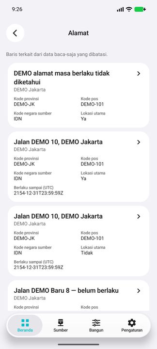 Tombol Alamat membuka lokasi pemasok yang dipilih, termasuk riwayat dan masa berlaku tidak diketahui. — Cifru native, DEMO fiktif; galeri perwakilan, bukan uji ERP nyata.