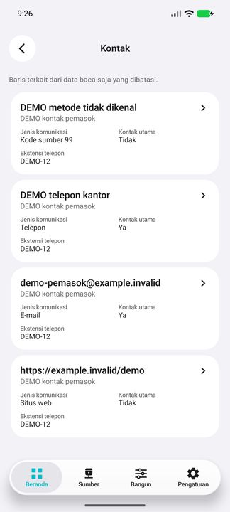 Tombol Kontak membuka komunikasi nonprivat pemasok yang sama; kode jenis tidak dikenal tetap ditandai. — Cifru native, DEMO fiktif; galeri perwakilan, bukan uji ERP nyata.