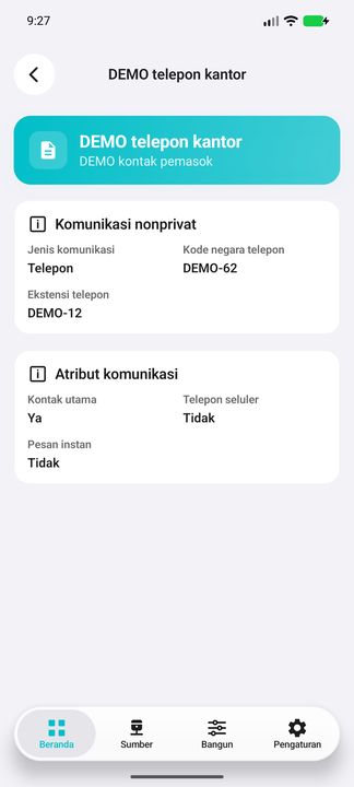 Detail kontak telepon: jenis komunikasi, kode negara, ekstensi, status utama, seluler dan pesan instan. — Cifru native, DEMO fiktif; galeri perwakilan, bukan uji ERP nyata.