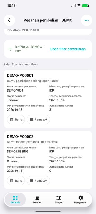 Kartu pesanan lengkap: pemasok, partisi, perusahaan, mata uang, tanggal, jumlah baris dan tombol Baris serta Pemasok. — Cifru native, DEMO fiktif; galeri perwakilan, bukan uji ERP nyata.