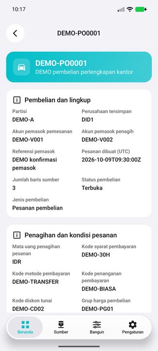 Detail pesanan: lingkup perusahaan, tanggal pembuatan UTC, akun pemasok pemesanan dan penagihan, status serta jenis pesanan. — Cifru native, DEMO fiktif; galeri perwakilan, bukan uji ERP nyata.