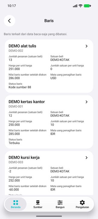 Tombol Baris membuka isi pesanan yang dipilih: jumlah, satuan, harga per unit harga, nilai sumber, mata uang dan status baris. — Cifru native, DEMO fiktif; galeri perwakilan, bukan uji ERP nyata.