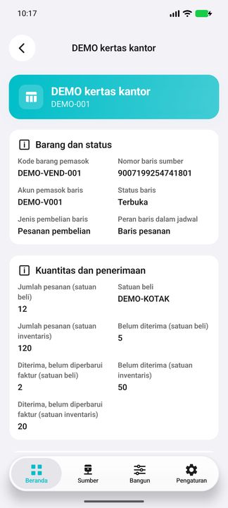 Detail baris: identitas barang, nomor baris bisnis tanpa kehilangan presisi, peran jadwal serta jumlah pembelian dan inventaris. — Cifru native, DEMO fiktif; galeri perwakilan, bukan uji ERP nyata.