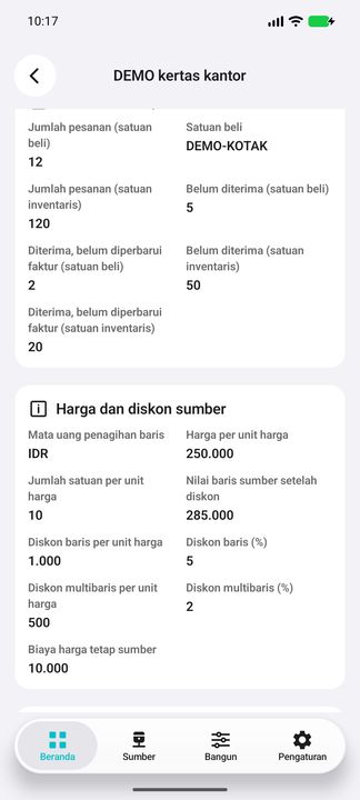 Detail baris: sisa penerimaan dan pembaruan faktur dipisahkan; harga, unit harga, diskon dan biaya tetap memakai nilai sumber. — Cifru native, DEMO fiktif; galeri perwakilan, bukan uji ERP nyata.