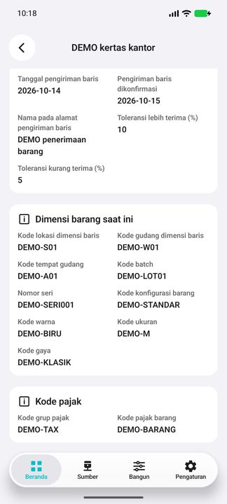 Dimensi baris saat ini: lokasi, gudang, tempat, batch, seri, konfigurasi, warna, ukuran, gaya serta kode pajak. — Cifru native, DEMO fiktif; galeri perwakilan, bukan uji ERP nyata.