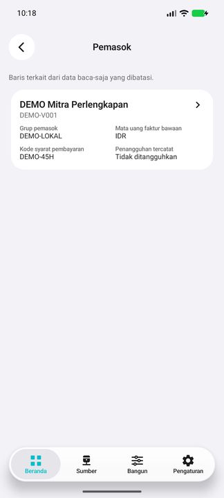 Tombol Pemasok membuka pemasok pemesanan saat ini, bukan akun penagih dan bukan salinan historis pada tanggal pesanan. — Cifru native, DEMO fiktif; galeri perwakilan, bukan uji ERP nyata.