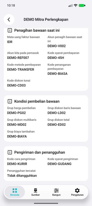 Kondisi pemasok saat ini: grup harga, diskon, biaya tambahan, cara pengiriman dan penangguhan tercatat. — Cifru native, DEMO fiktif; galeri perwakilan, bukan uji ERP nyata.