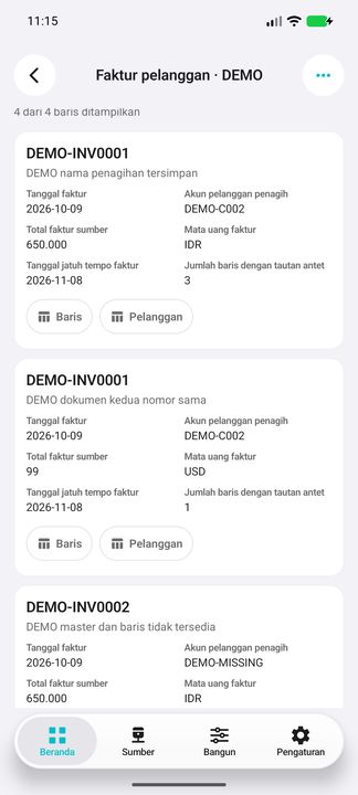 Kartu faktur lengkap: tanggal, akun penagih, nilai dan mata uang sumber, jatuh tempo, jumlah baris tertaut serta dua tombol. Nomor yang sama tidak digabung. — Cifru native, DEMO fiktif; bukan uji ERP nyata.