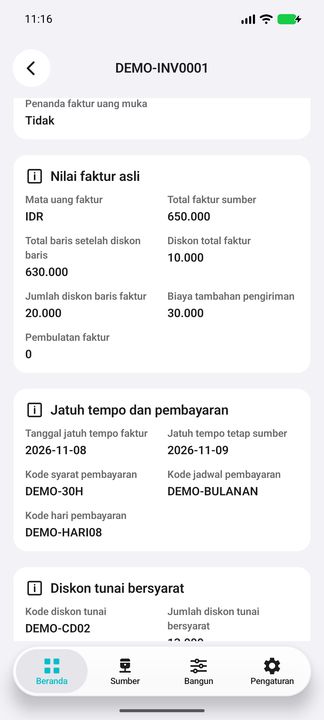 Nilai faktur asli, diskon, biaya tambahan, pembulatan serta kondisi jatuh tempo. Nilai sumber bukan saldo belum dibayar atau total hasil rekonsiliasi DEMO. — Cifru native, DEMO fiktif; bukan uji ERP nyata.