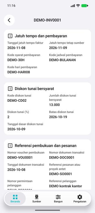 Kode pembayaran, diskon tunai bersyarat, batas dan tanggal dasarnya, lalu referensi voucher serta pesanan. Syarat diskon bukan bukti pembayaran. — Cifru native, DEMO fiktif; bukan uji ERP nyata.
