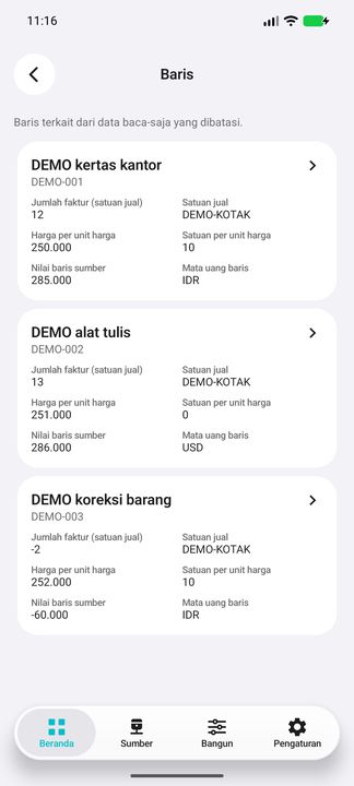 Baris membuka isi tertaut sebenarnya. DEMO uji sengaja berisi mata uang berbeda, unit harga nol dan koreksi negatif; bukan contoh faktur yang direkonsiliasi. — Cifru native, DEMO fiktif; bukan uji ERP nyata.