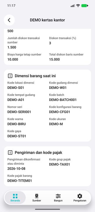 Dimensi barang saat ini: lokasi, gudang, tempat, batch, seri, konfigurasi, warna, ukuran dan gaya. Tanggal pengiriman serta kode pajak bukan saldo stok atau nilai pajak. — Cifru native, DEMO fiktif; bukan uji ERP nyata.