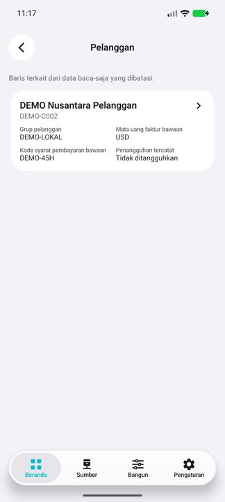 Pelanggan membuka akun penagih saat ini, bukan pemesan atau salinan historis. Mata uang bawaan pelanggan tidak mengganti mata uang faktur. — Cifru native, DEMO fiktif; bukan uji ERP nyata.