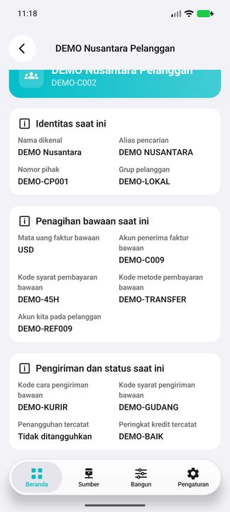 Pengaturan penagihan dan pengiriman pelanggan saat ini, akun kita dan penangguhan tercatat; bukan kondisi historis atau bukti izin efektif ERP. — Cifru native, DEMO fiktif; bukan uji ERP nyata.