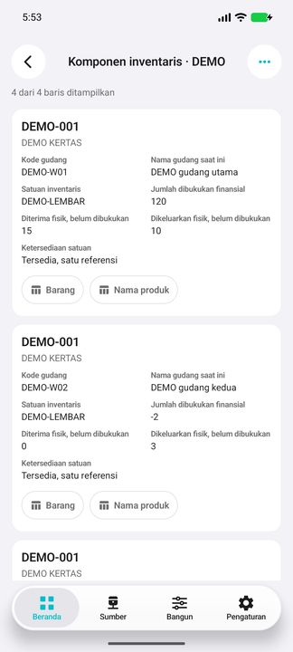 Kartu lengkap per barang dan gudang: satuan Invent, komponen finansial/fisik asli serta kedua tombol. Angka bukan stok tersedia atau hasil penjumlahan. — Cifru native, DEMO fiktif; bukan uji ERP nyata.