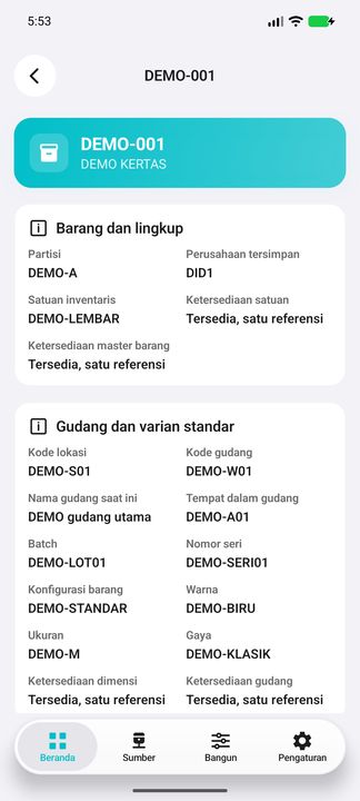 Lingkup partisi dan perusahaan, satuan serta referensi master. Dimensi standar: lokasi, gudang, tempat, batch, seri, konfigurasi, warna, ukuran dan gaya. — Cifru native, DEMO fiktif; bukan uji ERP nyata.