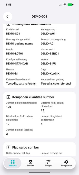 Lanjutan dimensi dan lima komponen sumber: dibukukan finansial, diterima/dikeluarkan belum dibukukan, registrasi serta picked. Tidak ada rumus ketersediaan. — Cifru native, DEMO fiktif; bukan uji ERP nyata.