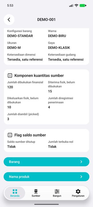 Komponen asli, flag sumber ditutup/jumlah terbuka nol dan kedua sub-tombol. Tidak ada konversi satuan, harga, nilai inventaris atau saldo tersedia yang ditebak. — Cifru native, DEMO fiktif; bukan uji ERP nyata.