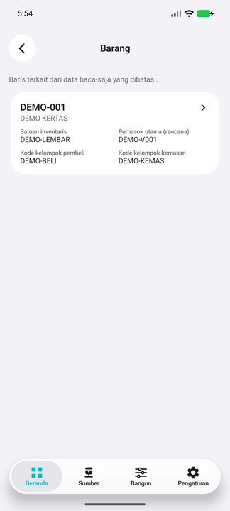 Barang membuka master yang benar: satuan inventaris, pemasok utama untuk perencanaan, kelompok pembeli dan kemasan. Bukan pemasok setiap gerakan inventaris. — Cifru native, DEMO fiktif; bukan uji ERP nyata.