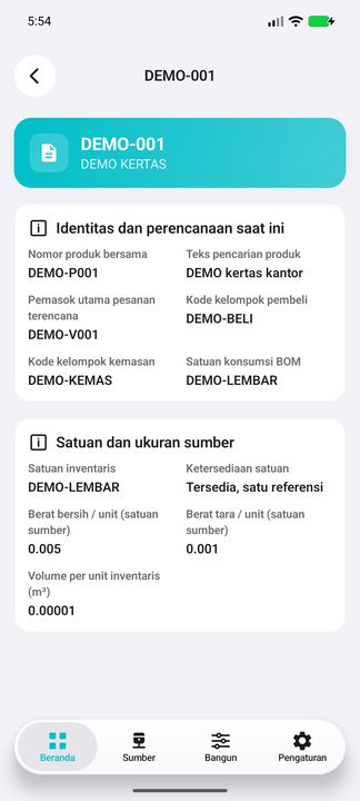Detail barang dan BOM. Berat 0.005/0.001 memakai satuan sumber, bukan asumsi kg; volume 0.00001 m³. Teks presisi mempertahankan pecahan kecil tanpa menjadi nol. — Cifru native, DEMO fiktif; bukan uji ERP nyata.