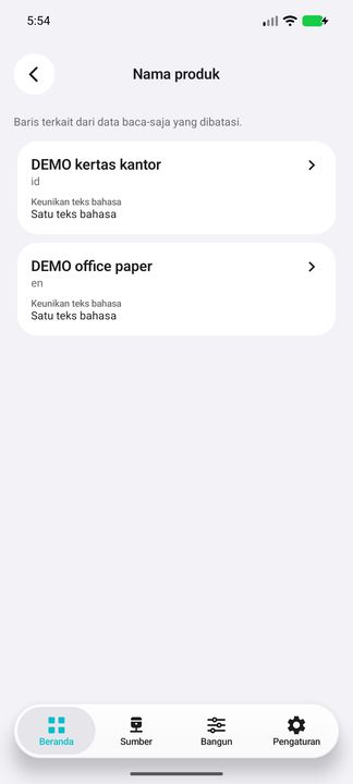 Nama produk membuka teks sumber berbahasa id dan en dengan LanguageId asli serta status keunikan. Bahasa aplikasi tidak mengganti nama dari sumber. — Cifru native, DEMO fiktif; bukan uji ERP nyata.