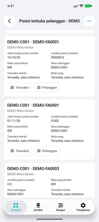 Kartu lengkap: posisi sumber 500000.0 IDR dan 0.005 tetap berbeda, jatuh tempo dan kedua sub-tombol. Tidak ada pembulatan dua desimal atau total campuran mata uang. — Cifru native, DEMO fiktif; bukan uji ERP nyata.