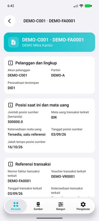 Lingkup partisi/perusahaan, pelanggan, jumlah bertanda dan mata uang transaksi terkait. Tanggal posisi/jatuh tempo dipisahkan dari tanggal transaksi. — Cifru native, DEMO fiktif; bukan uji ERP nyata.
