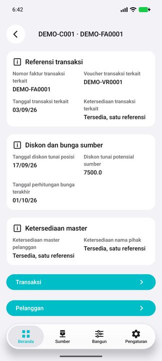 Referensi, diskon/bunga, keunikan master dan kedua sub-tombol yang dibuka nyata. Master atau transaksi yang hilang/ambigu tidak dipilih secara acak. — Cifru native, DEMO fiktif; bukan uji ERP nyata.