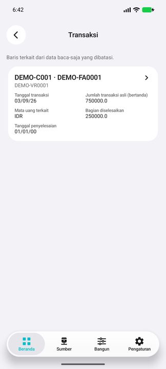 Transaksi terkait yang tepat: 750000.0 dan bagian diselesaikan 250000.0 IDR. Tanggal 01/01/00 berasal dari sentinel 1900-01-01, bukan status lunas. — Cifru native, DEMO fiktif; bukan uji ERP nyata.