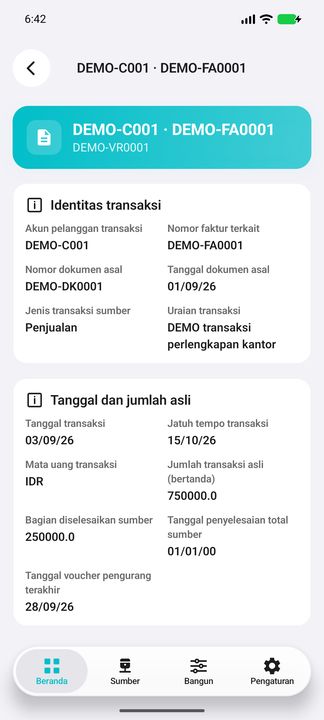 Identitas dokumen, jenis sumber, uraian, tanggal/jatuh tempo transaksi dan jumlah asli. Closed adalah tanggal sumber; sentinel bukan kesimpulan lunas. — Cifru native, DEMO fiktif; bukan uji ERP nyata.