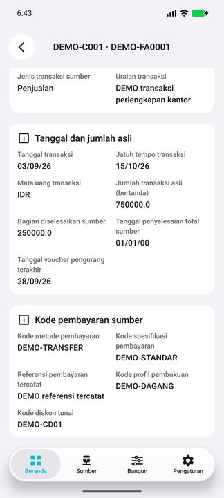 Lanjutan jumlah/tanggal asli, kode metode/spesifikasi pembayaran, referensi, profil pembukuan dan diskon. Referensi bukan transaksi bank. — Cifru native, DEMO fiktif; bukan uji ERP nyata.