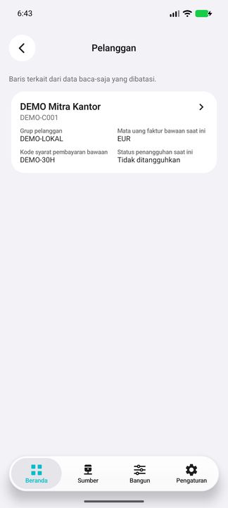 Pelanggan saat ini: grup, syarat bayar, penangguhan dan mata uang default EUR. EUR tidak menggantikan IDR pada posisi/transaksi terkait. — Cifru native, DEMO fiktif; bukan uji ERP nyata.