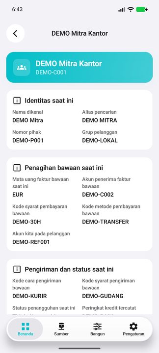 Master pelanggan saat ini: nama/alias, grup, akun faktur, mata uang default, syarat/metode bayar, referensi akun dan kode pengiriman. — Cifru native, DEMO fiktif; bukan uji ERP nyata.